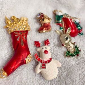Vintage Christmas Brooch Lot of 5 Holiday Pins Stocking Reindeer Santa Boot Elf